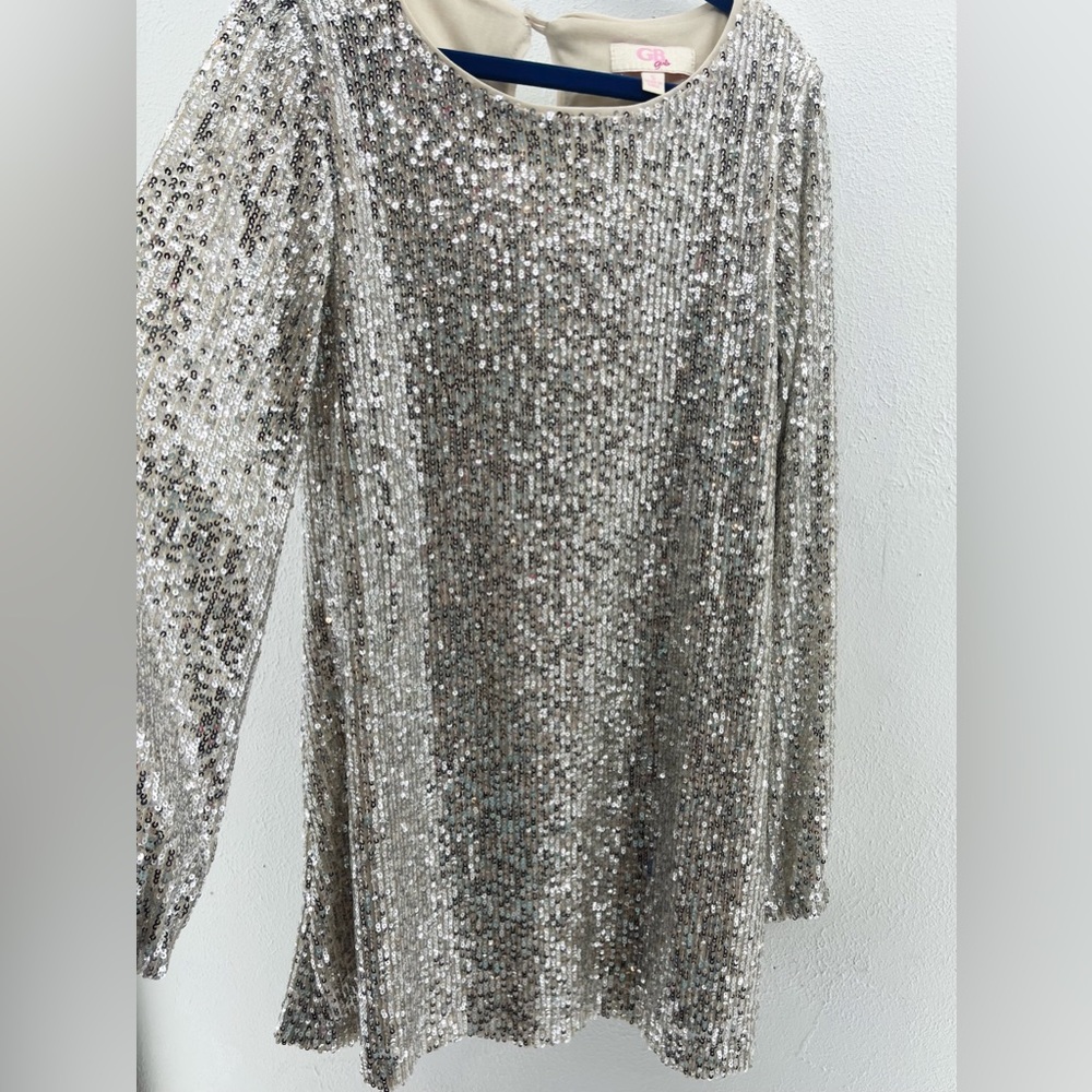 GB Girls Sparkle Sequin Long Sleeve Champagne Party Dress- Small - Picture 4 of 7